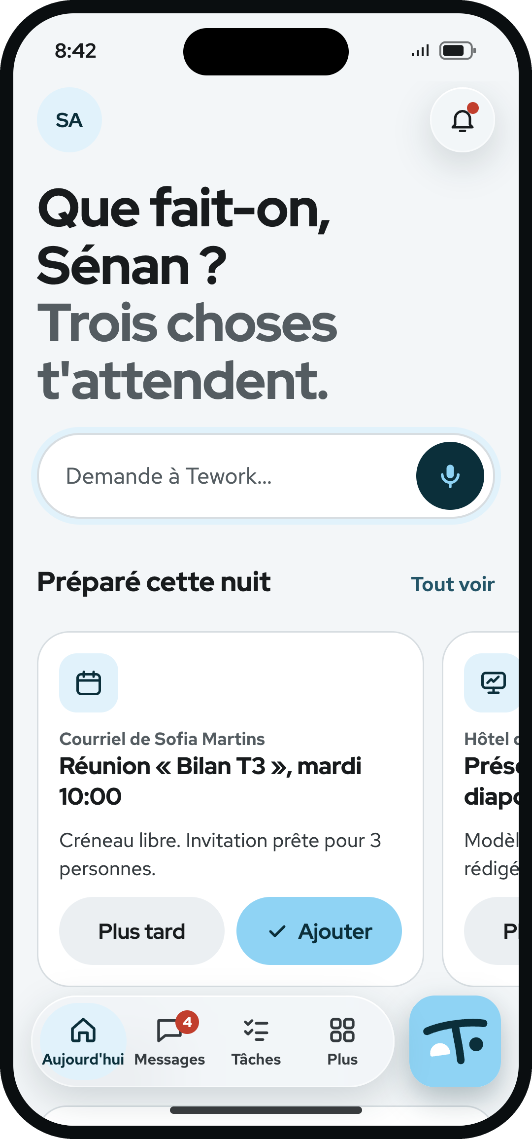 L'app mobile Tework, bientôt disponible : l'accueil « Que fait-on ? », avec ce que Tework a préparé pendant la nuit